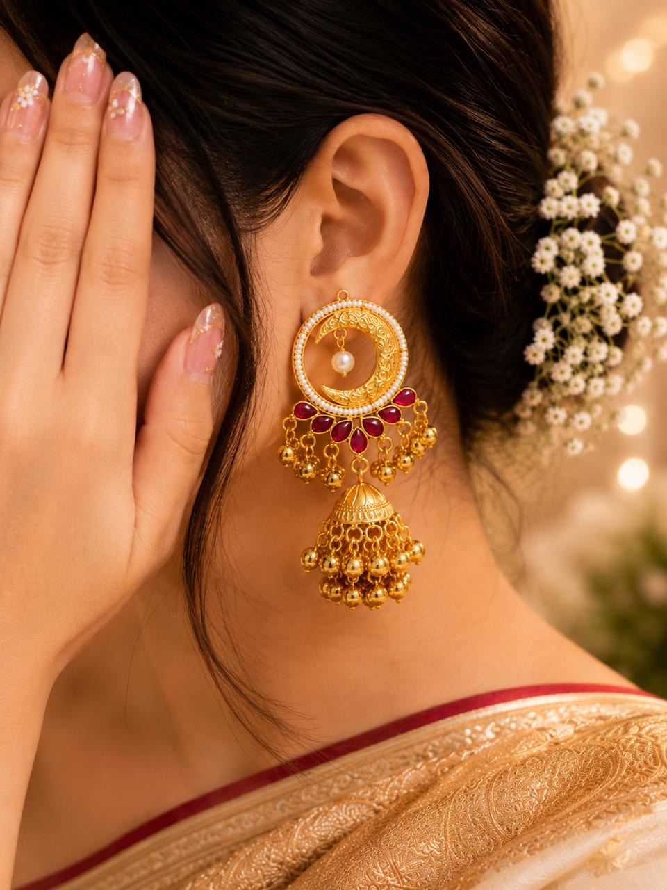 Stile Sovrano Chand-e-Kashmir Crescent Jhumka Earrings for Women | Heritage Gold Pearl Jhumkas | Ruby Red & Blush Pink