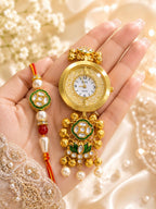 Stile Sovrano Hari Bandhan Bhai Bhabhi Rakhi Watch Combo | Heritage Green Kundan Bracelet Watch with Matching Rakhi | Rakhi Utsav Collection
