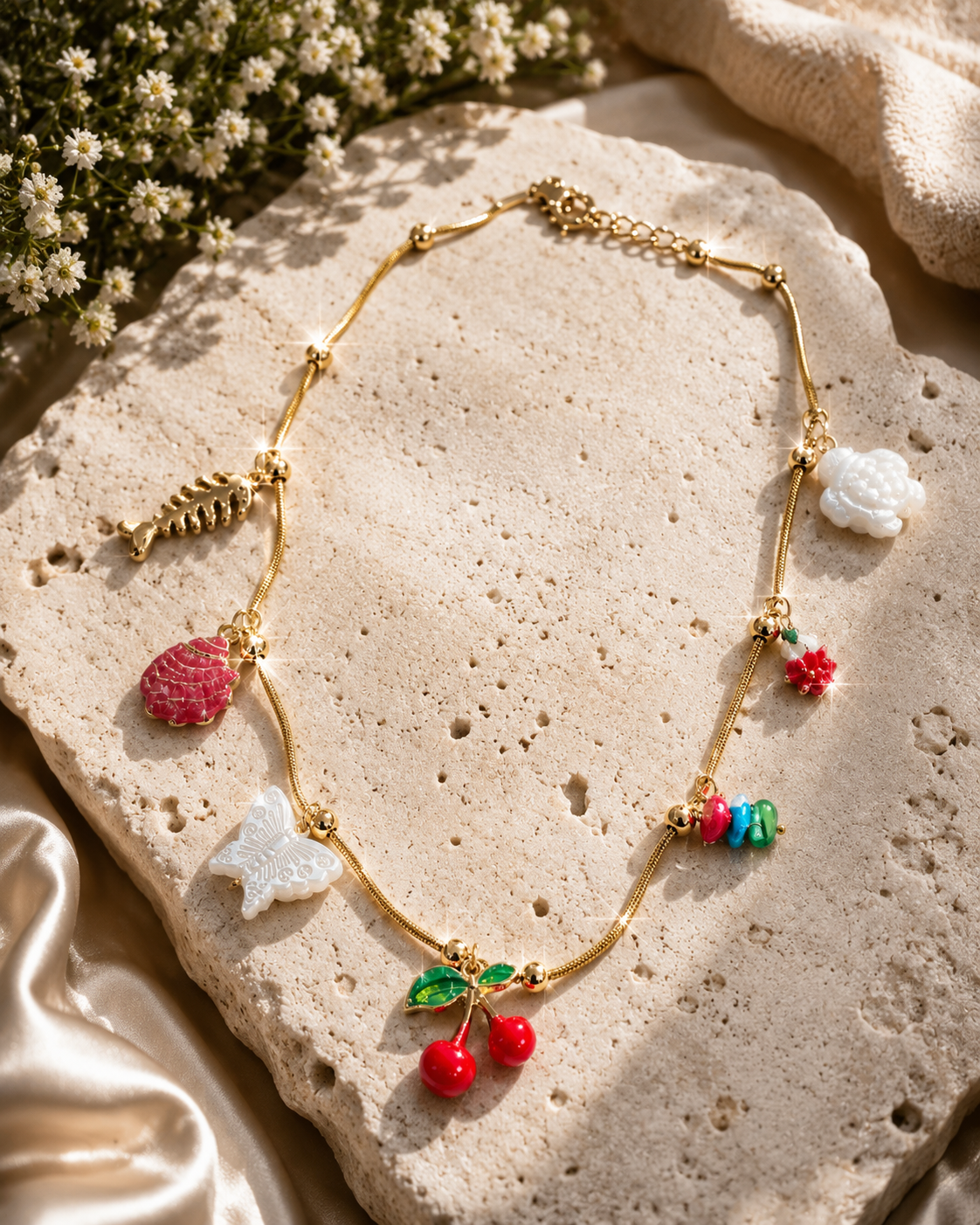 Gold Fruit & Butterfly Multi-Charm Pendant Necklace – Stile Sovrano