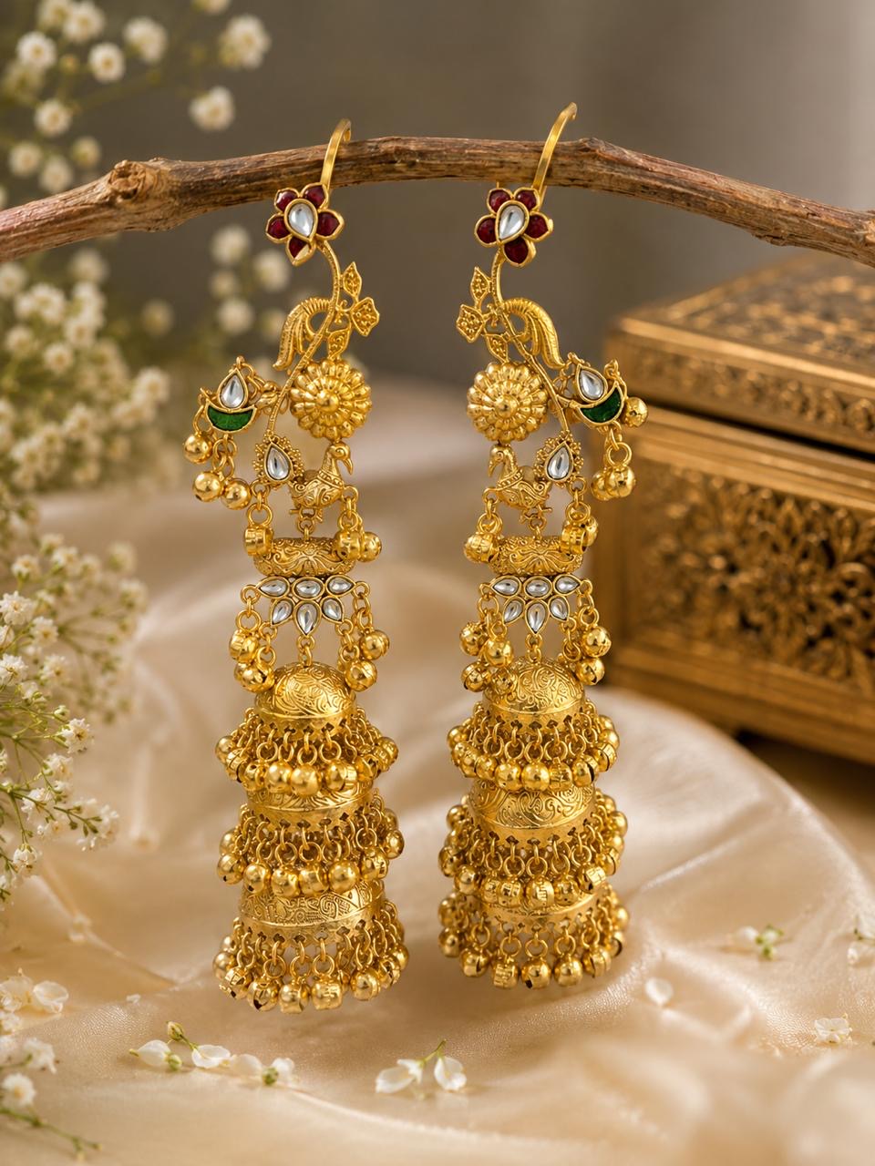 Stile Sovrano Gulnaar-e-Kashmir Handcrafted Long Jhumka Earrings for Women | Antique Gold Ethnic Statement Earrings