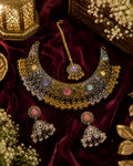 Stile Sovrano Rajsi Noor Kashmiri Oxidised Choker Necklace Set with Maang Tikka & Jhumka Earrings for Women | Antique Gold-Plated Statement Bridal Jewellery