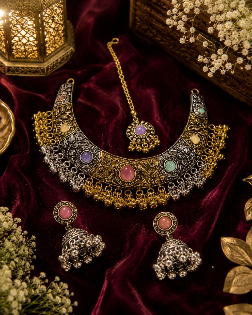 Stile Sovrano Rajsi Noor Kashmiri Oxidised Choker Necklace Set with Maang Tikka & Jhumka Earrings for Women | Antique Gold-Plated Statement Bridal Jewellery