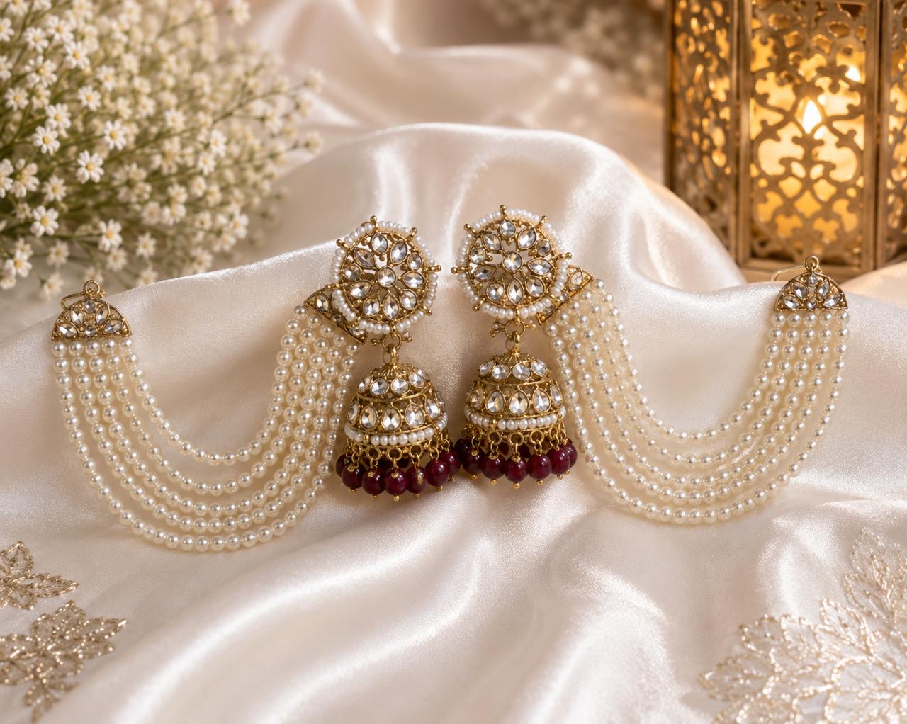 Stile Sovrano Zeenat Pearl Detachable Shoulder Duster Jhumka Earrings for Women | Gold-Plated Kundan-Inspired Bridal Statement Earrings