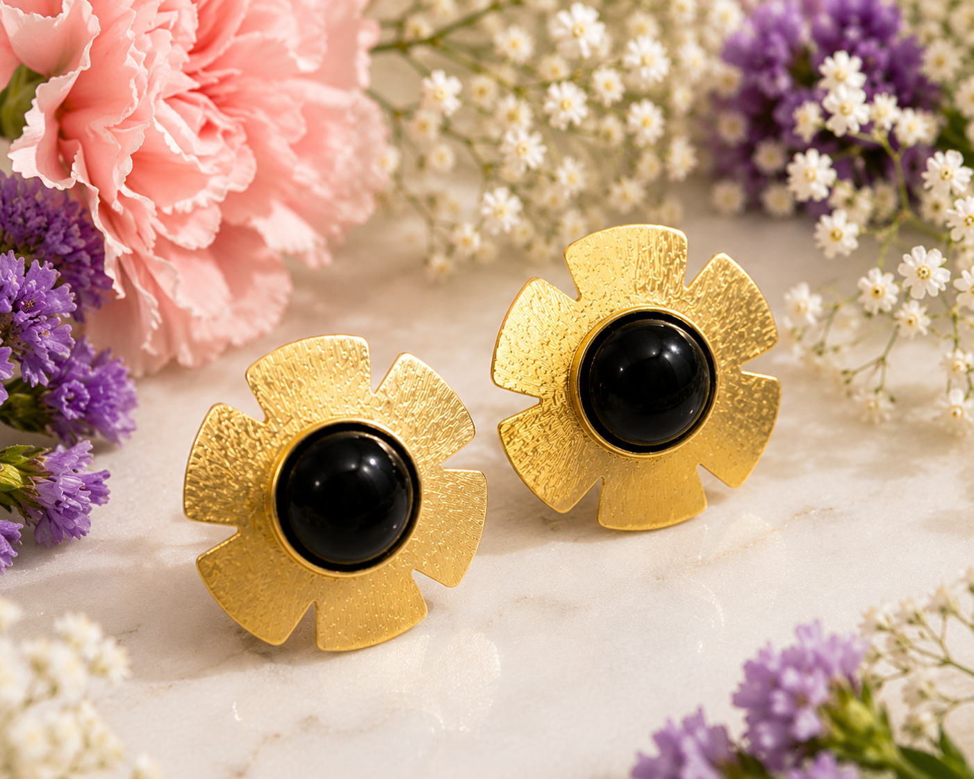 Gold Floral Cabochon Stud Earrings Red Green Blue Black – Stile Sovrano