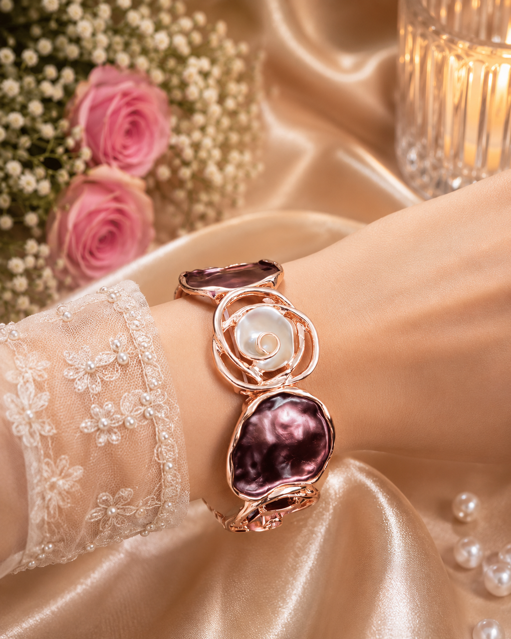 Celestia Shell Cuff – Radiant Whorls in Blushed Metal