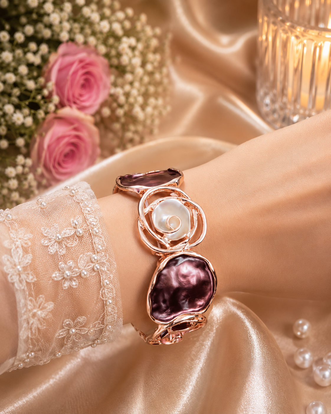 Floral Mother of Pearl Bracelet & Ring Stacking Set – Stile Sovrano
