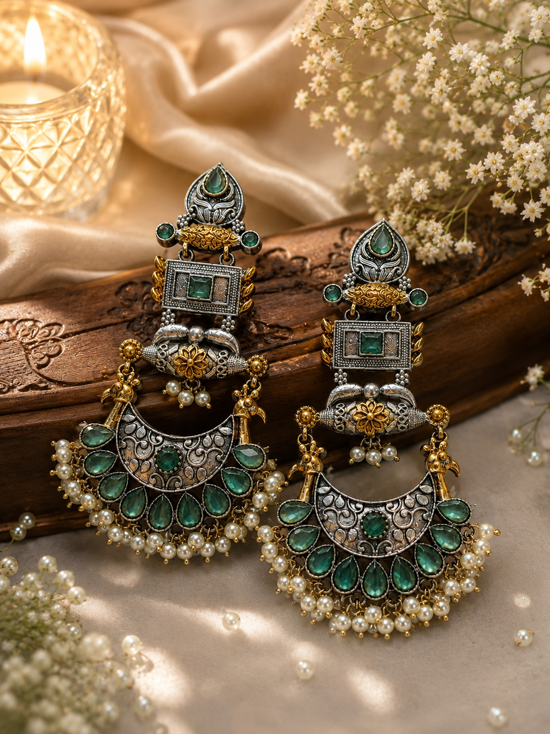 A pair of ornate Indian jhumka earrings with silver-toned metalwork, green stones, and white pearl bead drops.