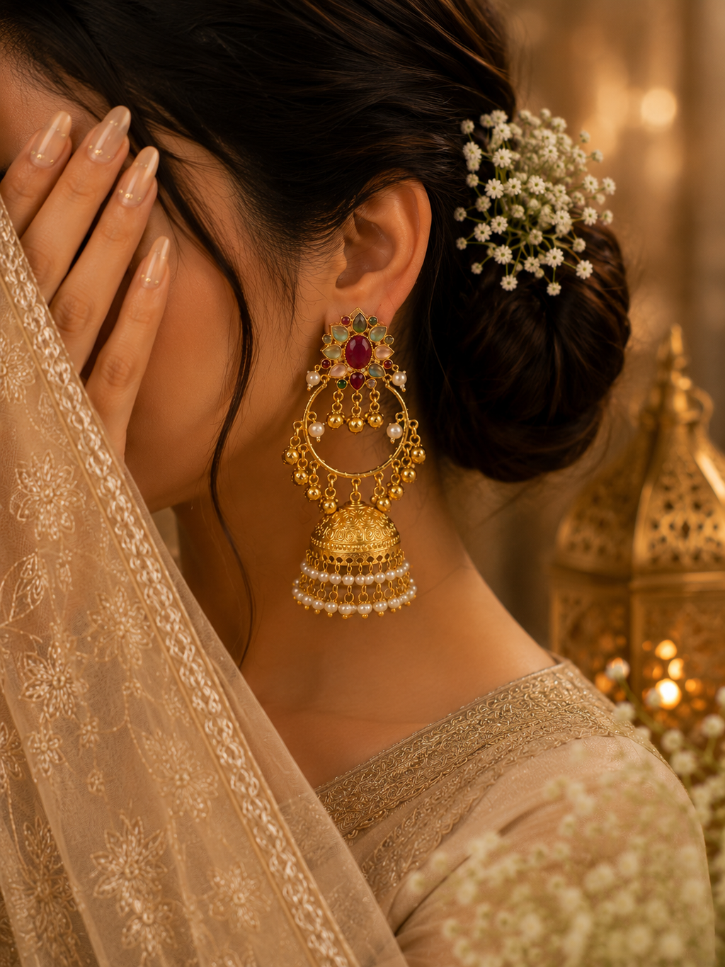 Rajkumari Meherang Viraasat – Pearl Jhumka Hoop Kashmiri Earrings with Multicolor Kundan Stones