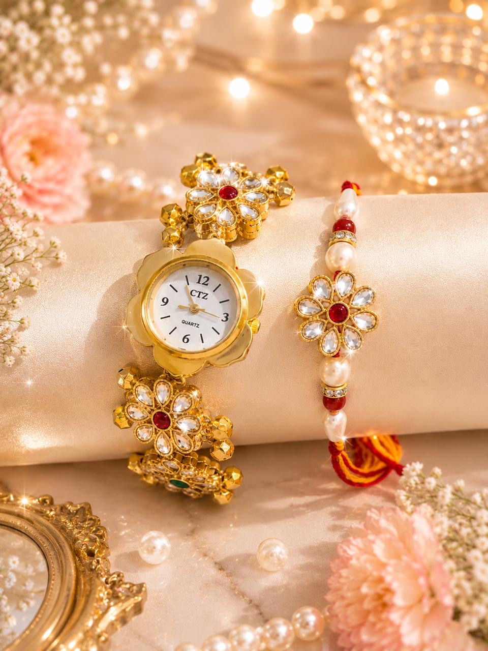 Stile Sovrano Pushpanjali Rakhi Watch Combo for Brother | Floral Petal Dial Bracelet Watch with Matching Rakhi | Rakhi Utsav Collection