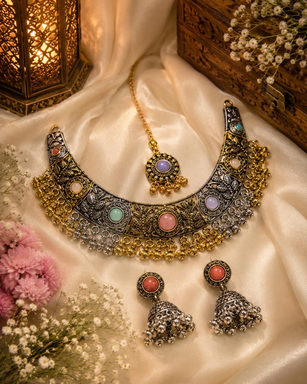 Stile Sovrano Rajsi Noor Kashmiri Oxidised Choker Necklace Set with Maang Tikka & Jhumka Earrings for Women | Antique Gold-Plated Statement Bridal Jewellery