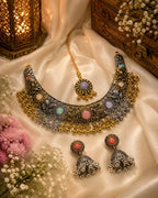 Stile Sovrano Rajsi Noor Kashmiri Oxidised Choker Necklace Set with Maang Tikka & Jhumka Earrings for Women | Antique Gold-Plated Statement Bridal Jewellery