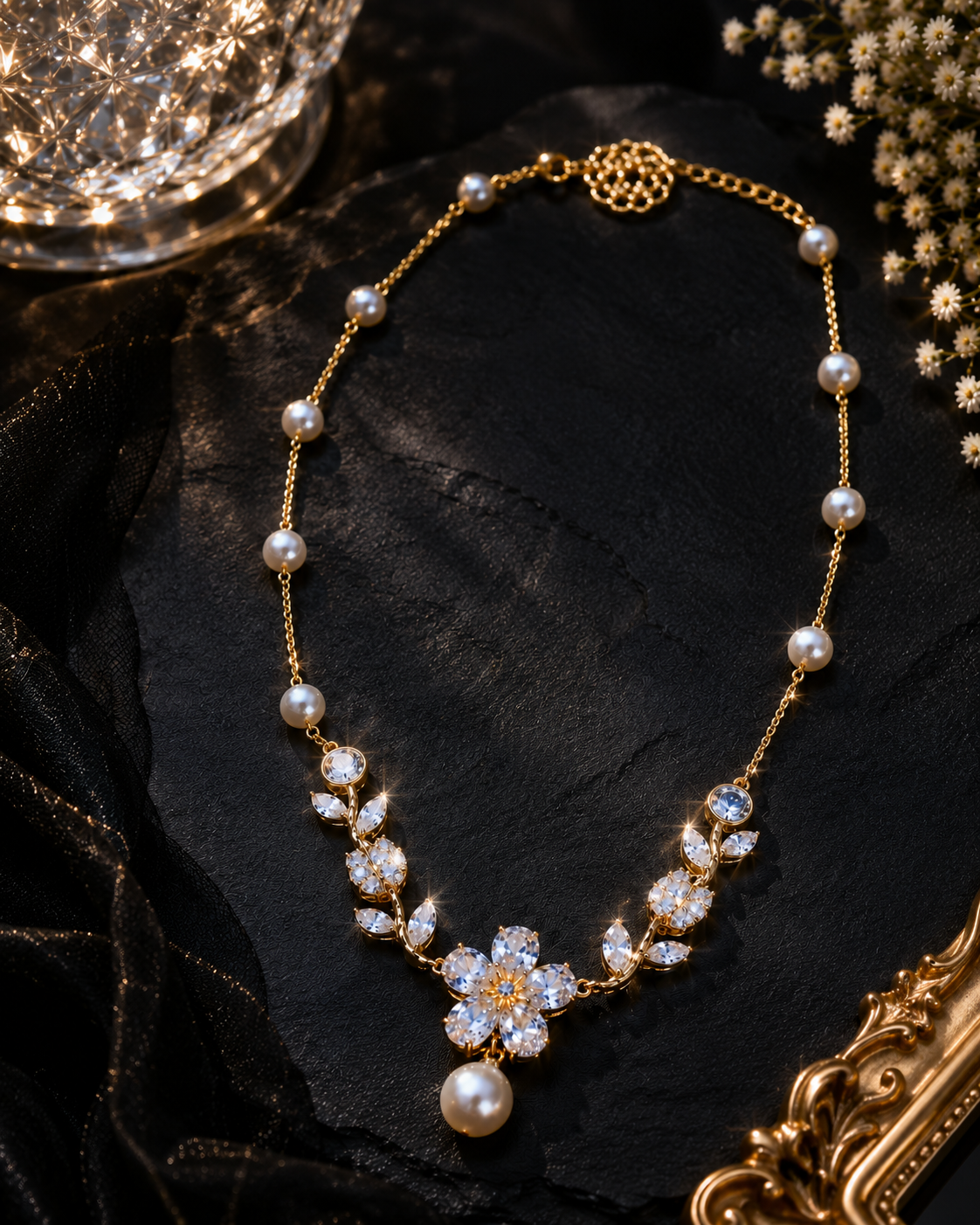 Pearl & Rhinestone Floral Pendant Necklace Gold Chain – Stile Sovrano