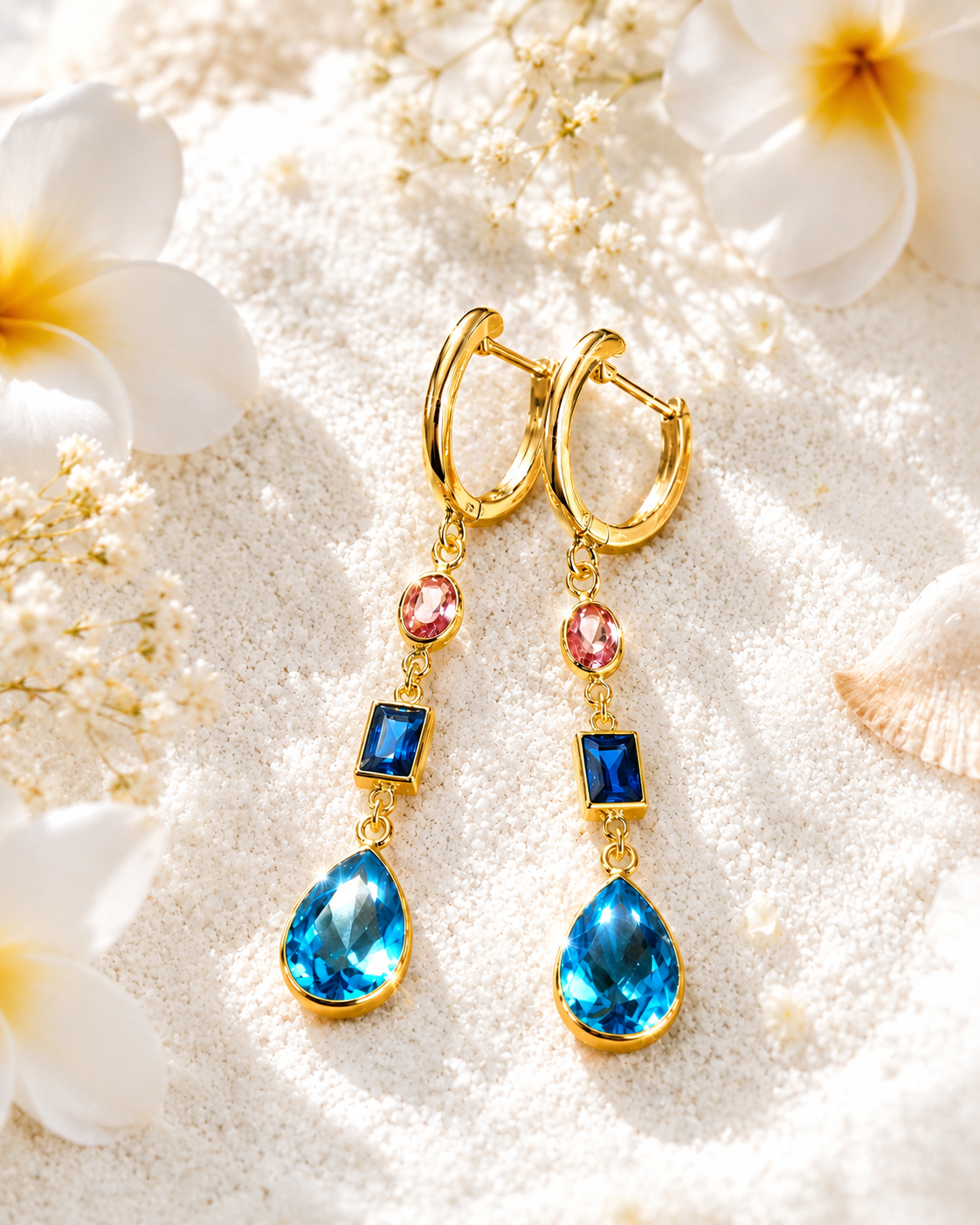 Aqua Blue Pink Multi-Stone Crescent Dangle Earrings – Stile Sovrano