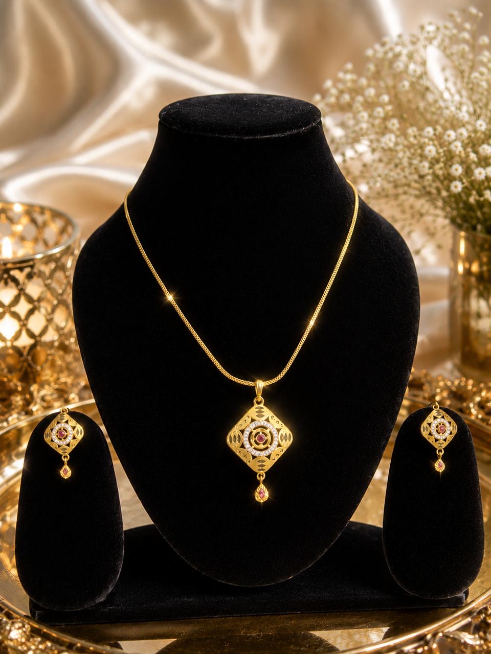 Stile Sovrano Rajnandini Traditional Gold-Plated Pendant Set for Women | Ruby-Colored Stone & Crystal Studded Ethnic Pendant Necklace with Matching Earrings