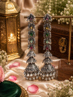 Stile Sovrano Rangmahal Kashmiri Oxidised Long Jhumka Earrings for Women | Multicolor Stone Statement Ethnic Earrings