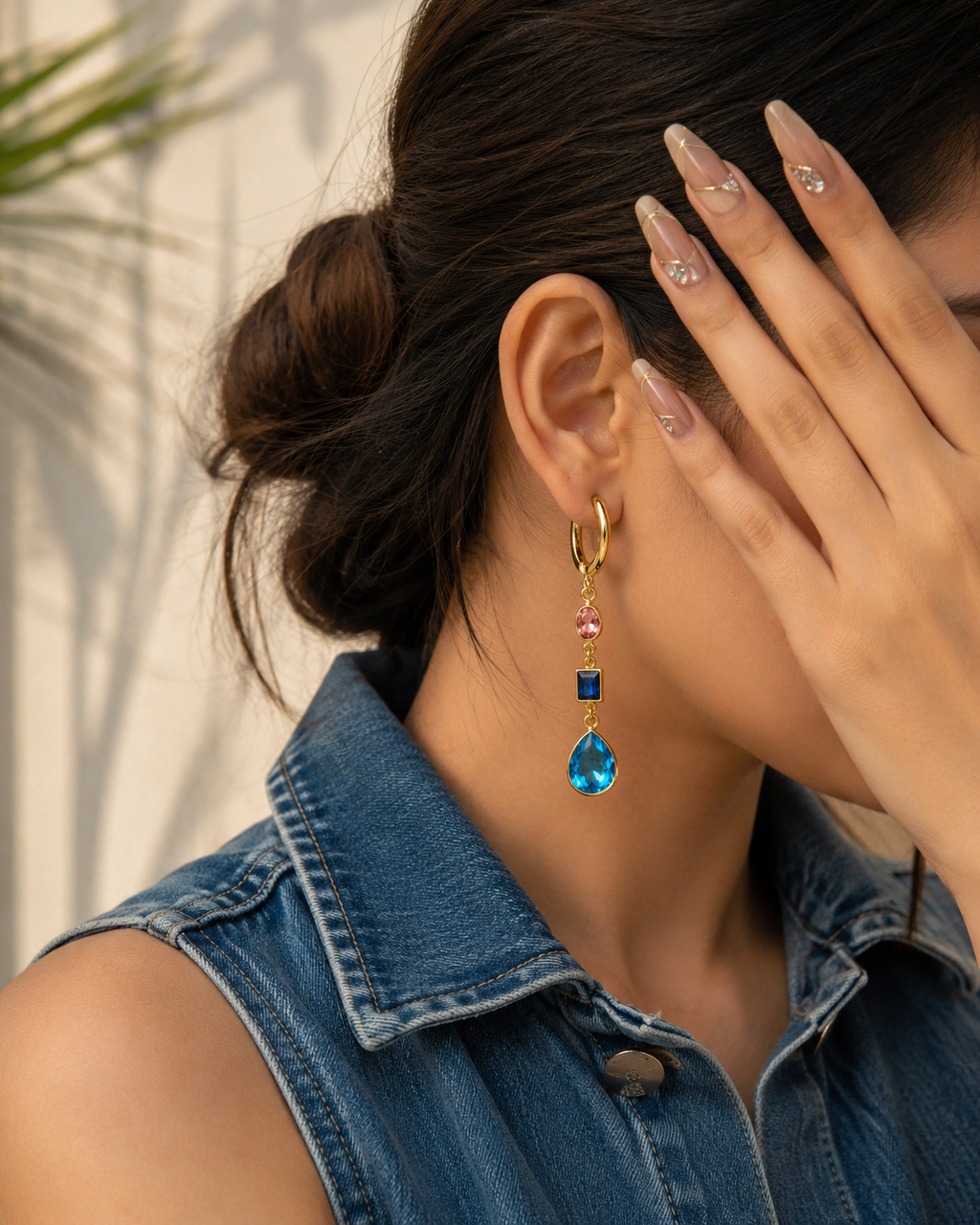 Aqua Blue Pink Multi-Stone Crescent Dangle Earrings – Stile Sovrano