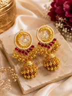 Stile Sovrano Chand-e-Kashmir Crescent Jhumka Earrings for Women | Heritage Gold Pearl Jhumkas | Ruby Red & Blush Pink