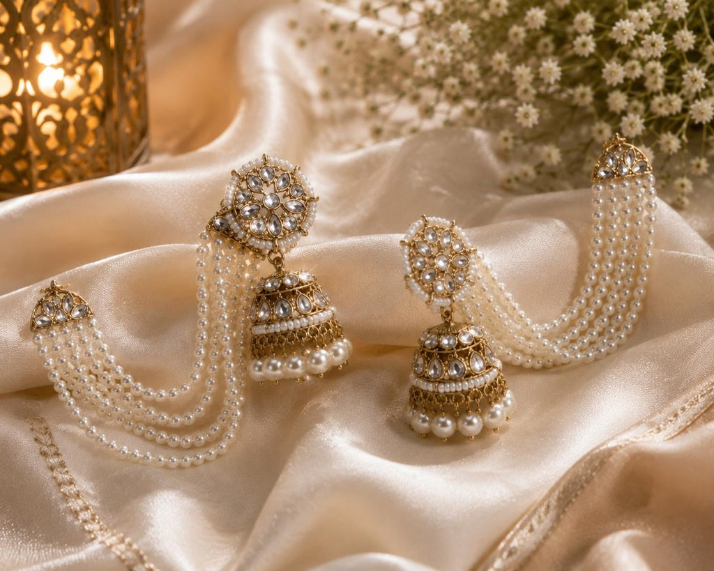 Stile Sovrano Zeenat Pearl Detachable Shoulder Duster Jhumka Earrings for Women | Gold-Plated Kundan-Inspired Bridal Statement Earrings