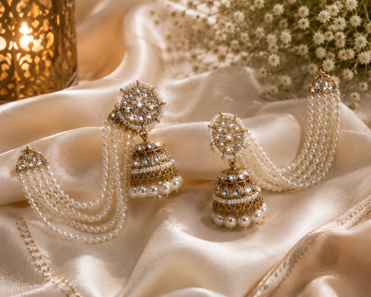 Stile Sovrano Zeenat Pearl Detachable Shoulder Duster Jhumka Earrings for Women | Gold-Plated Kundan-Inspired Bridal Statement Earrings