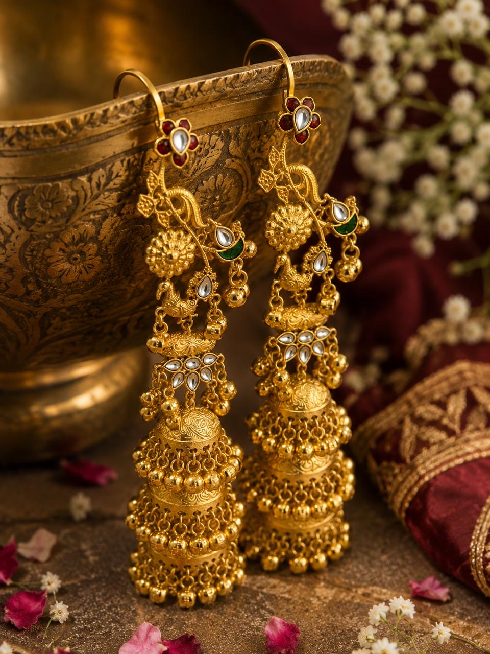 Stile Sovrano Gulnaar-e-Kashmir Handcrafted Long Jhumka Earrings for Women | Antique Gold Ethnic Statement Earrings