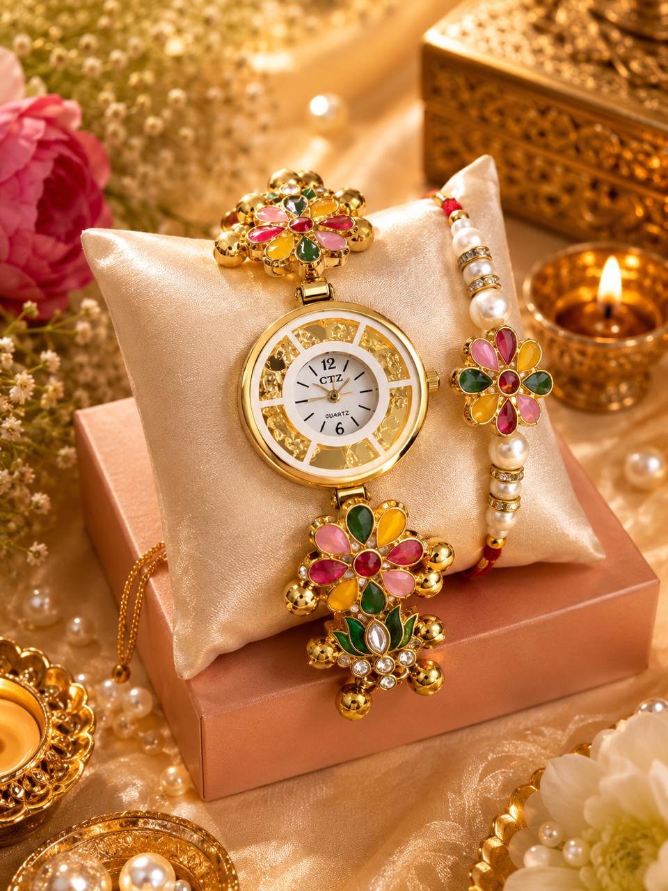 Stile Sovrano Kusum Royale Rakhi Watch Combo for Brother | Round Dial Designer Bracelet Watch with Matching Rakhi | Rakhi Utsav Collection