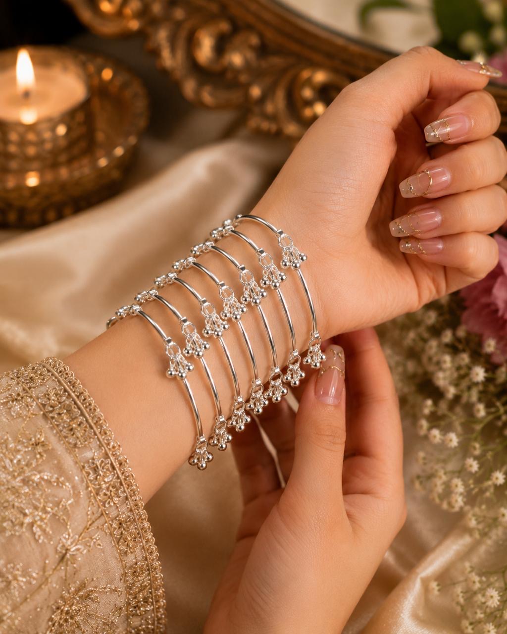Stile Sovrano Gulshan-e-Kashmir Traditional Silver-Toned Ghungroo Bangles Set for Women | Kashmiri Ethnic Statement Bangles (Set of 8)