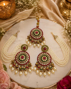 Stile Sovrano Shahi Noor Pearl Shoulder Duster Earrings with Maang Tikka for Women | Gold-Plated Kundan-Inspired Bridal Statement Jewellery Set