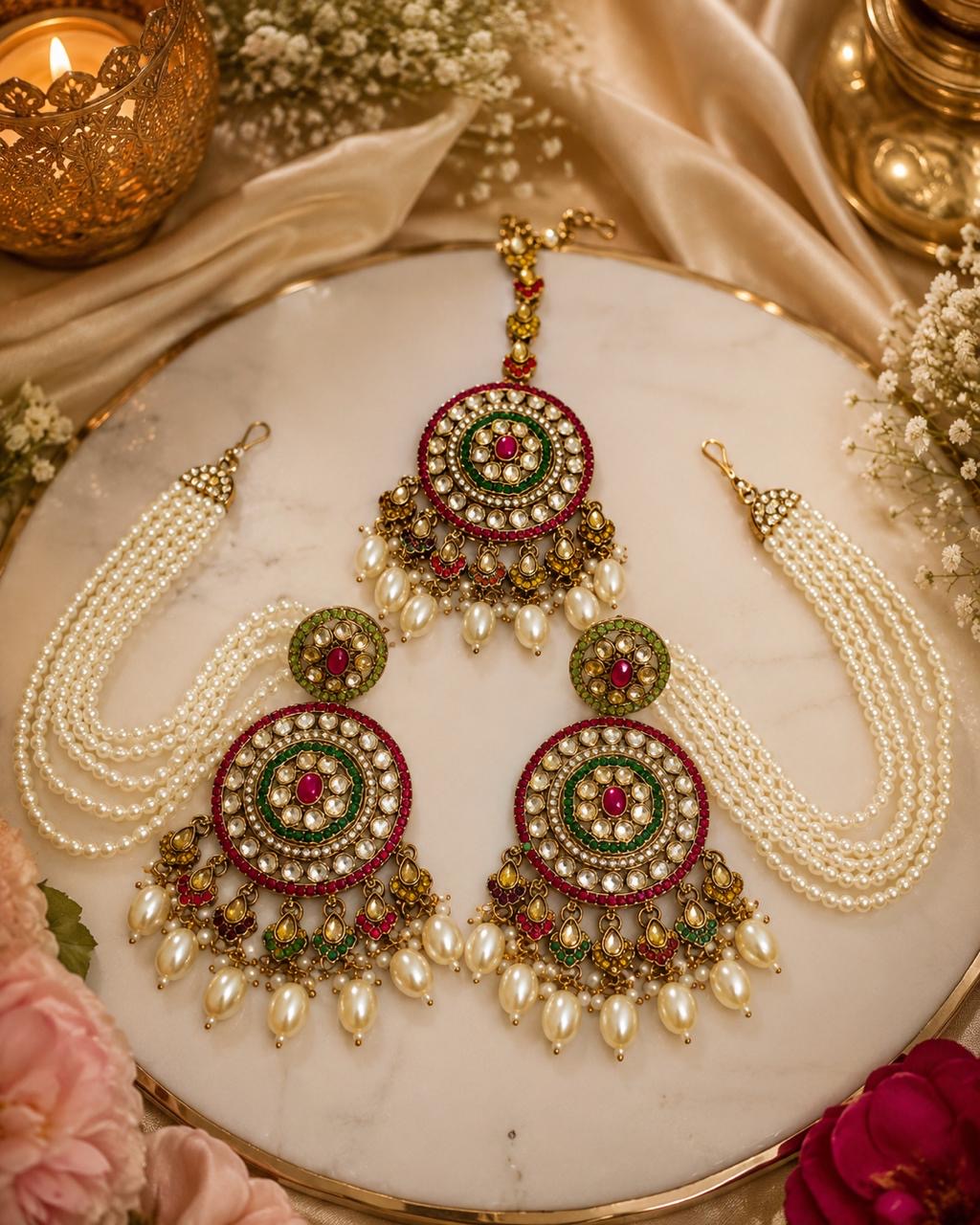 Stile Sovrano Shahi Noor Pearl Shoulder Duster Earrings with Maang Tikka for Women | Gold-Plated Kundan-Inspired Bridal Statement Jewellery Set