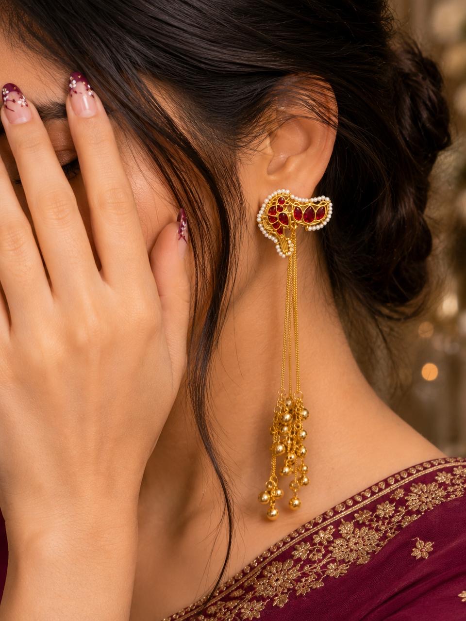 Stile Sovrano Lalima-e-Kashmir Long Tassel Earrings for Women | Kashmiri Gold Statement Earrings