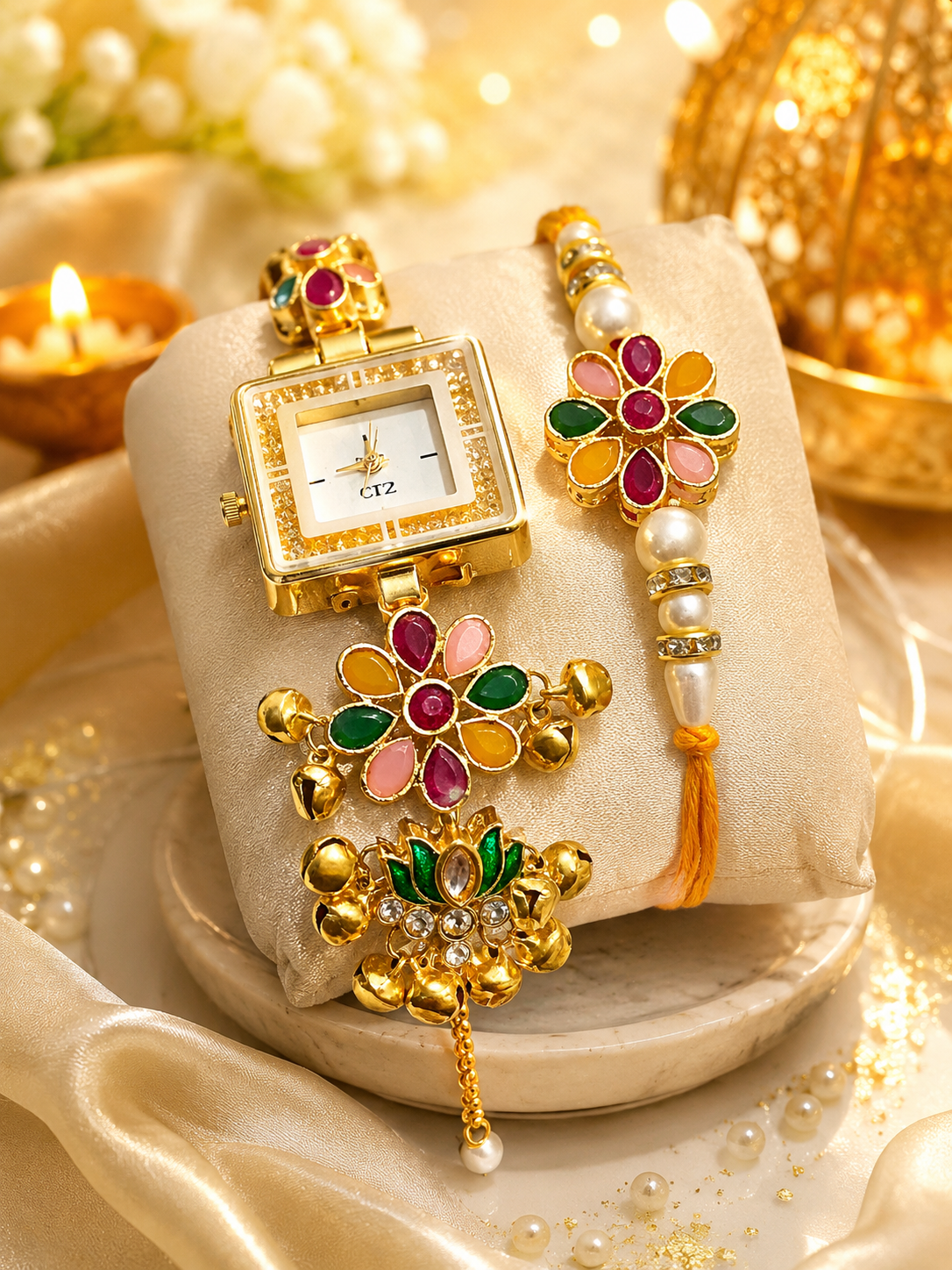 Stile Sovrano Pushpanjali Rakhi Watch Combo for Brother | Square Dial Designer Bracelet Watch with Matching Rakhi | Rakhi Utsav Collection