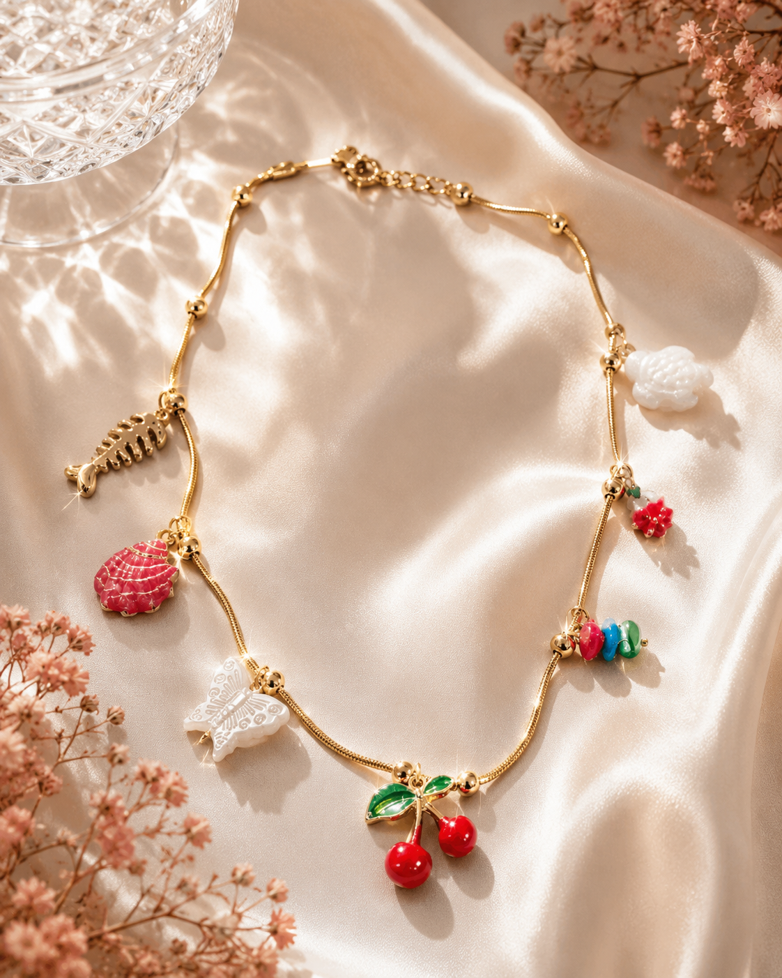Gold Fruit & Butterfly Multi-Charm Pendant Necklace – Stile Sovrano