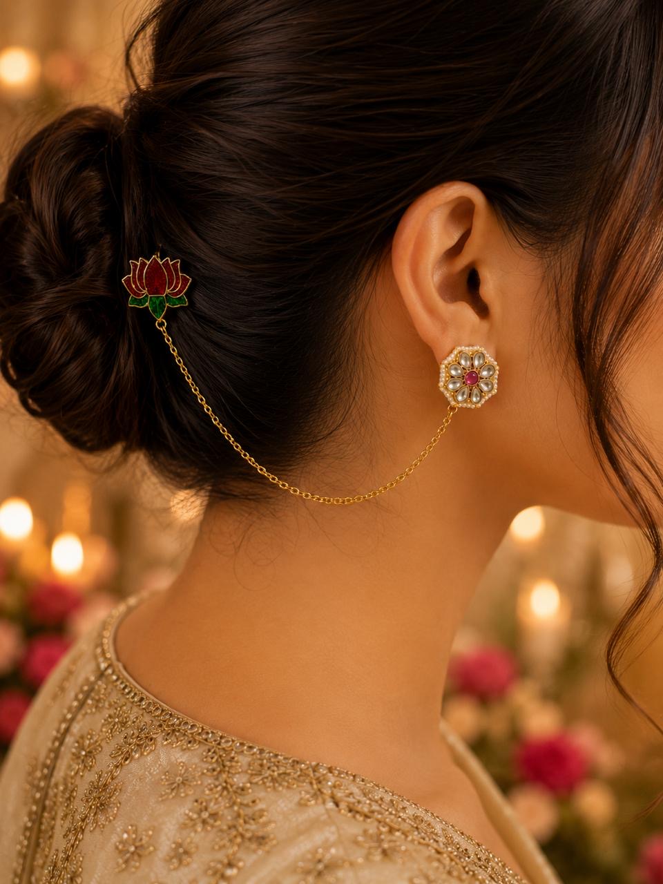 Padma Vriksha Collection – Gold-Finished Lotus Chain Statement Earrings with Meenakari Accents