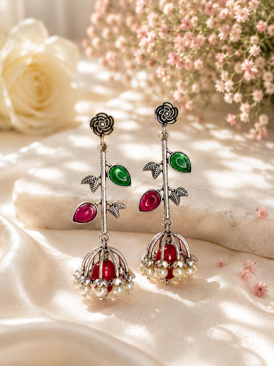 Stile Sovrano Gul-e-Kashmir Floral Jhumka Earrings for Women | Kashmiri Silver Oxidised Earrings | Ruby Green & Pink Mint