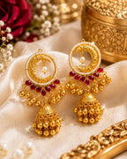Stile Sovrano Chand-e-Kashmir Crescent Jhumka Earrings for Women | Heritage Gold Pearl Jhumkas | Ruby Red & Blush Pink
