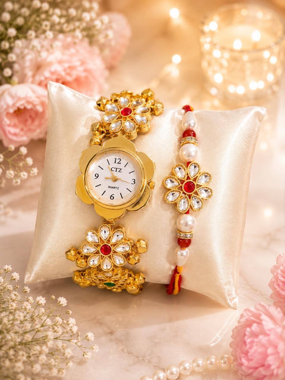 Stile Sovrano Pushpanjali Rakhi Watch Combo for Brother | Floral Petal Dial Bracelet Watch with Matching Rakhi | Rakhi Utsav Collection