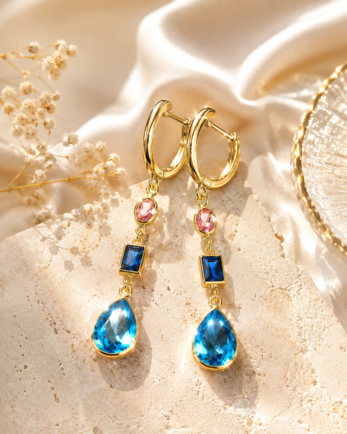 Gold hoop drop earrings with a pink round gem, a square blue gem, and a large teardrop blue gem, displayed on a beige stone surface with draped satin fabric and dried flowers.