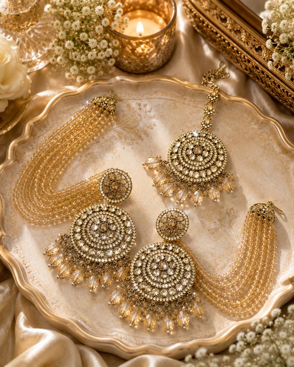 Stile Sovrano Noor-e-Zar Detachable Shoulder Duster Earrings with Maang Tikka for Women | Gold-Plated Crystal Bridal Statement Jewellery Set