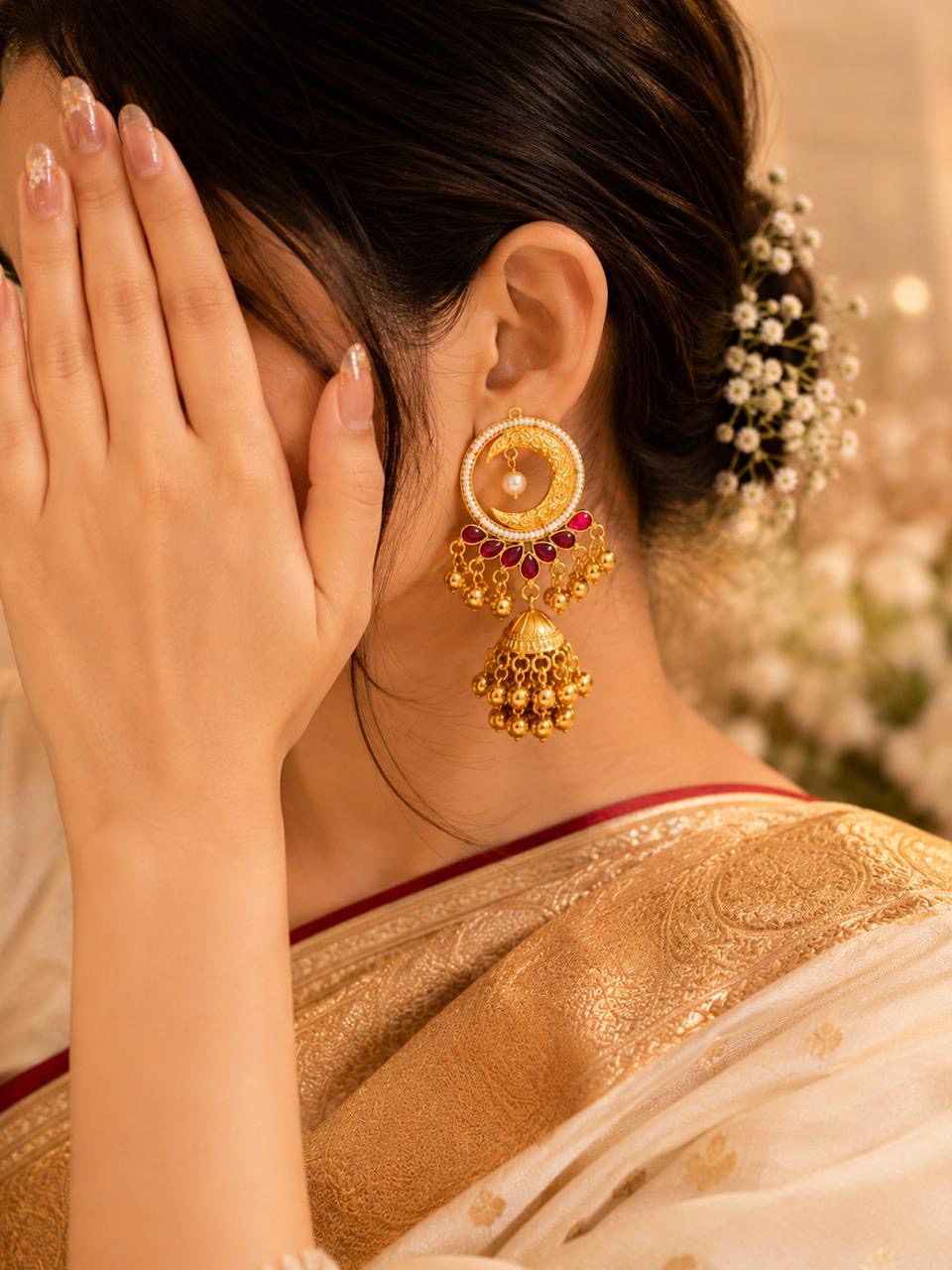 Stile Sovrano Chand-e-Kashmir Crescent Jhumka Earrings for Women | Heritage Gold Pearl Jhumkas | Ruby Red & Blush Pink