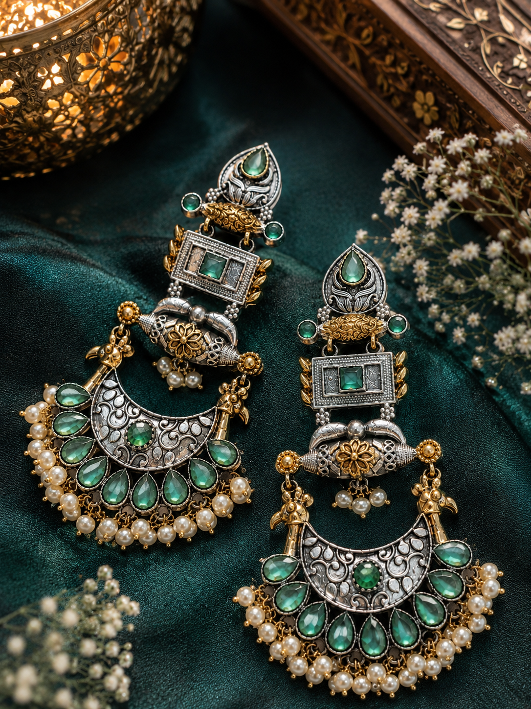 tile Sovrano green and gold statement earrings with intricate detailing and pearl accents