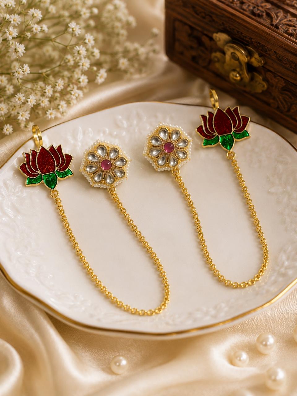 Padma Vriksha Collection – Gold-Finished Lotus Chain Statement Earrings with Meenakari Accents