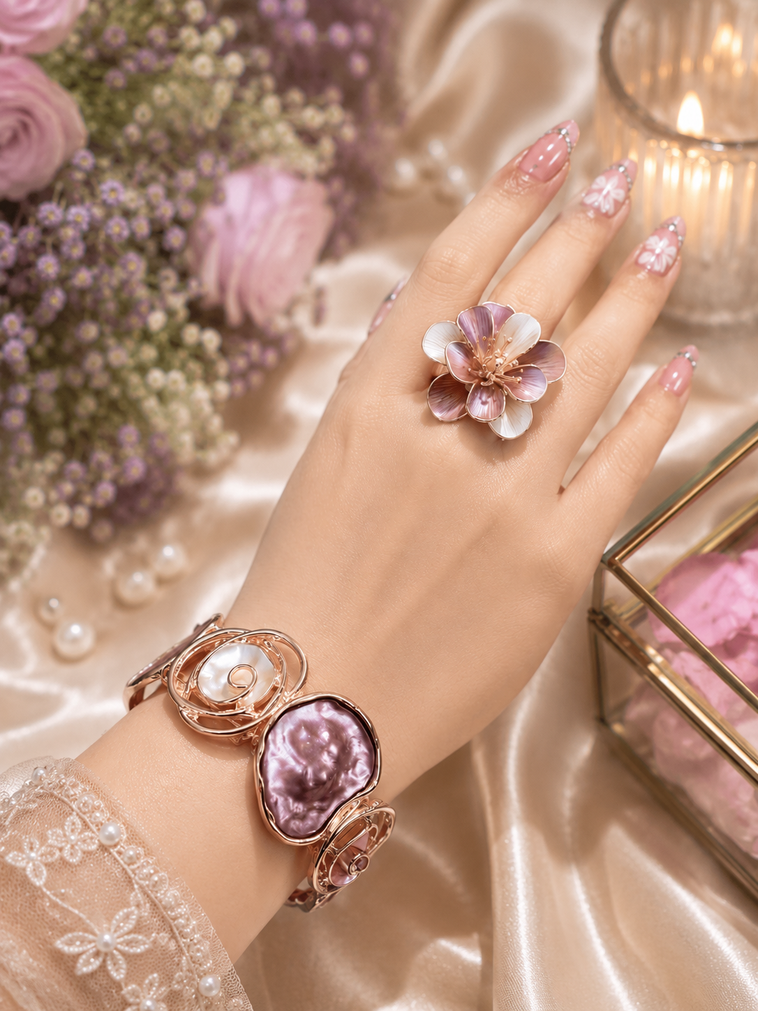 A hand with pink floral nail art models a rose gold watch and matching flower ring on a finger, set against a soft beige satin background with pink flowers and a lit candle.