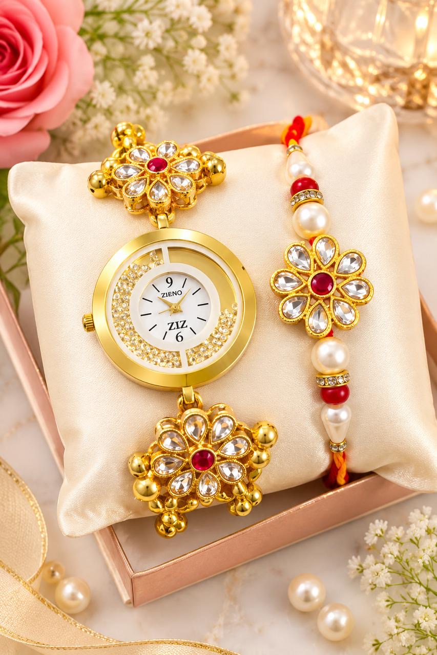 Stile Sovrano Prem Bandhan Bhai Bhabhi Rakhi Watch Combo | Floral Bracelet Watch with Matching Rakhi | Rakhi Utsav Collection
