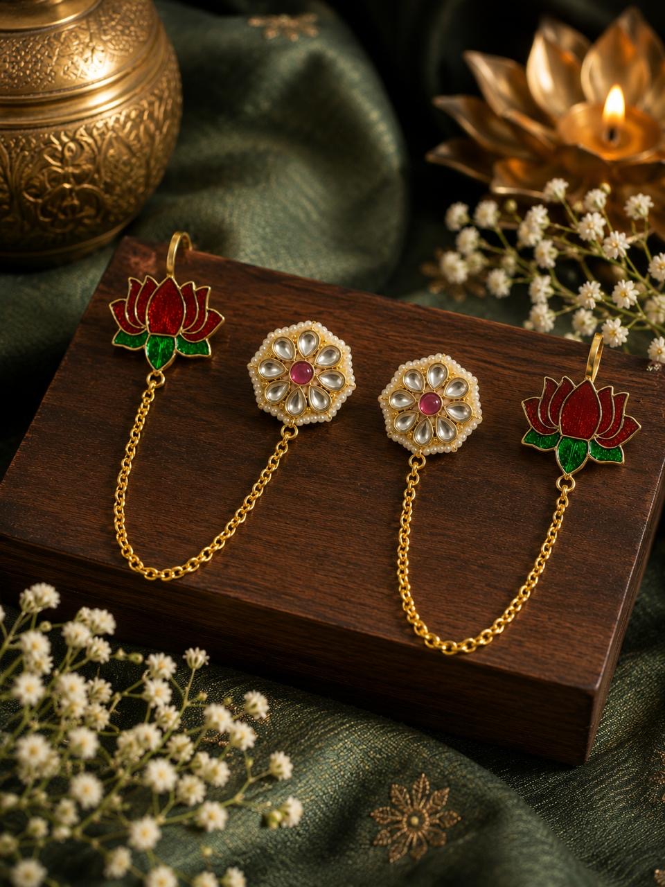 Padma Vriksha Collection – Gold-Finished Lotus Chain Statement Earrings with Meenakari Accents