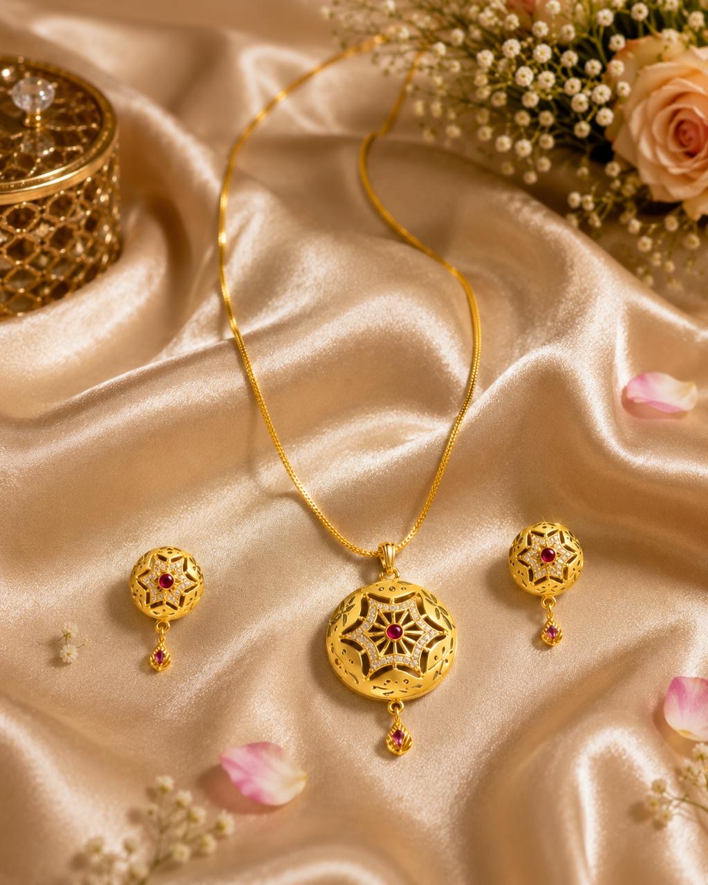 Stile Sovrano Noorika Traditional Gold-Plated Pendant Set for Women | Ruby-Colored Stone & Crystal Studded Ethnic Pendant Necklace with Matching Earrings