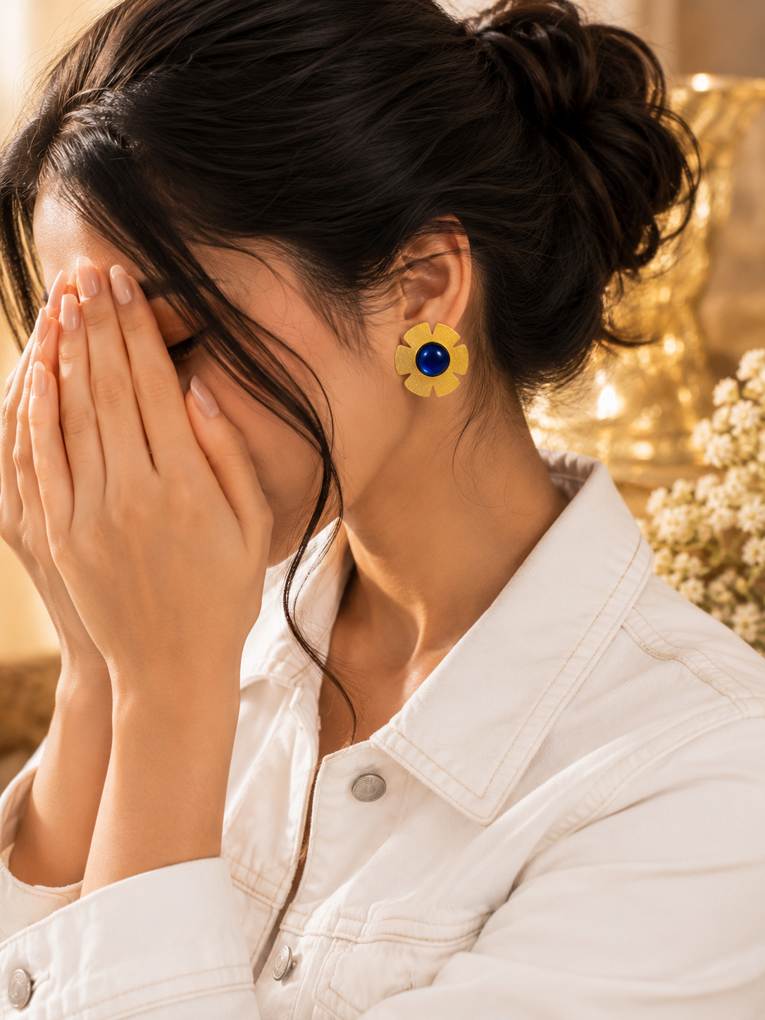 Gold Floral Cabochon Stud Earrings Red Green Blue Black – Stile Sovrano