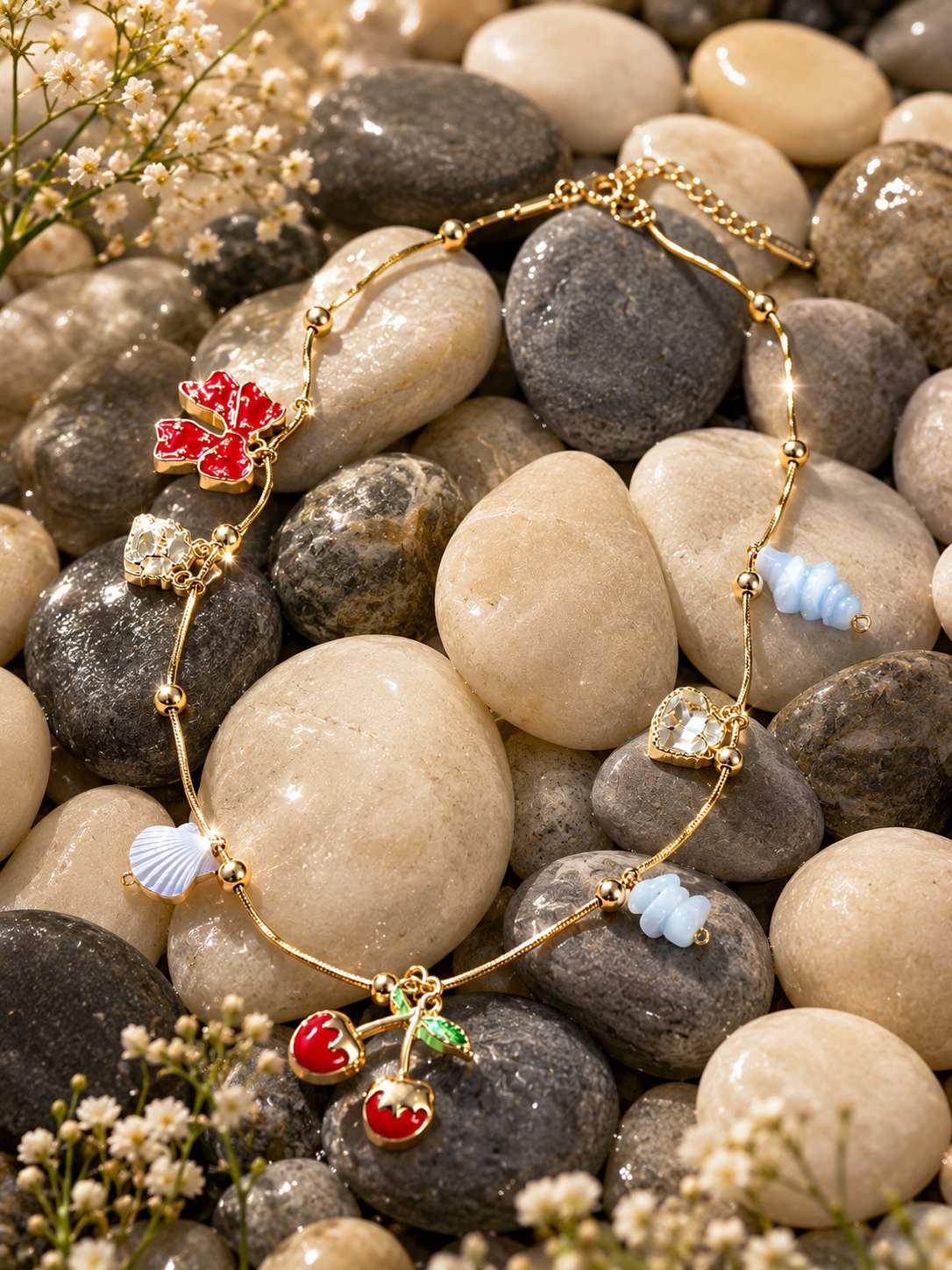 Gold Cherry & Heart Multi-Charm Pendant Necklace – Stile Sovrano