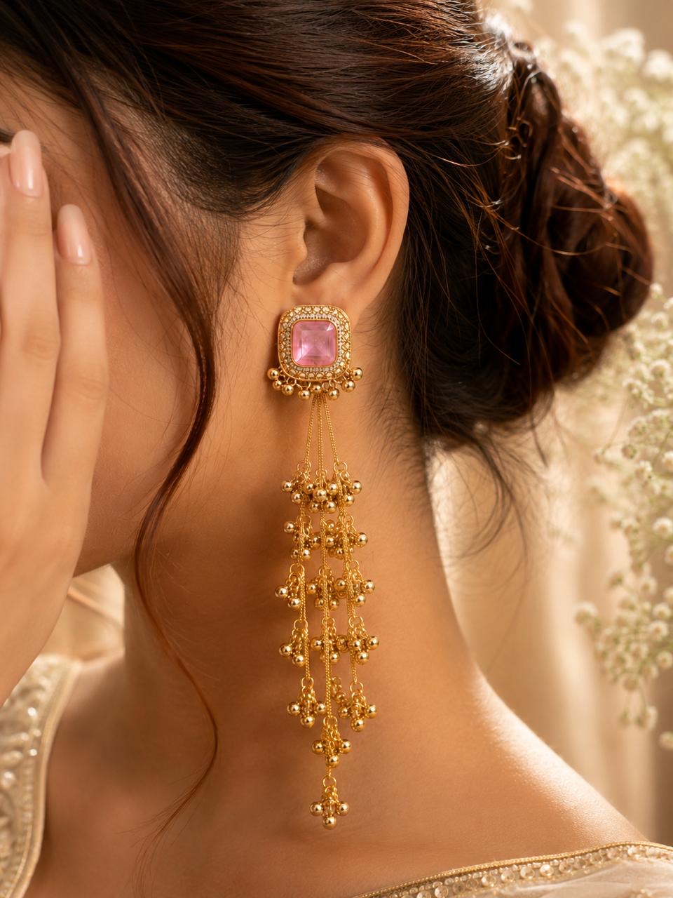 Stile Sovrano Roshanara Heritage Tassel Earrings for Women | Gold Statement Earrings with Ruby Red & Pink Stones