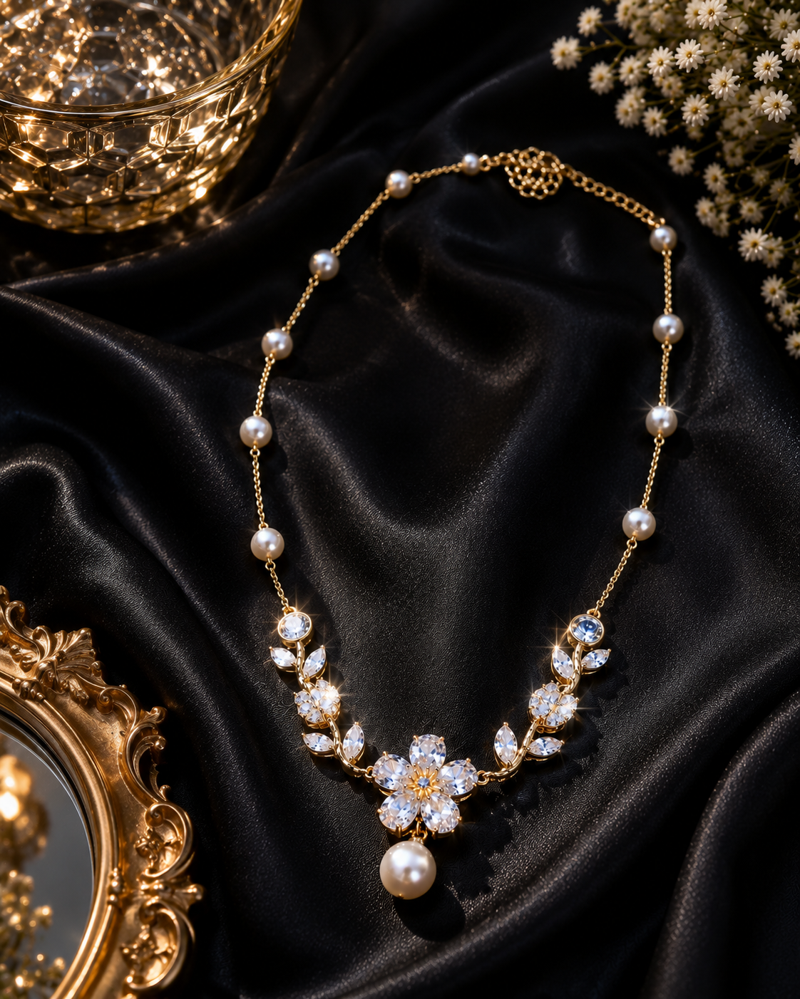 Pearl & Rhinestone Floral Pendant Necklace Gold Chain – Stile Sovrano