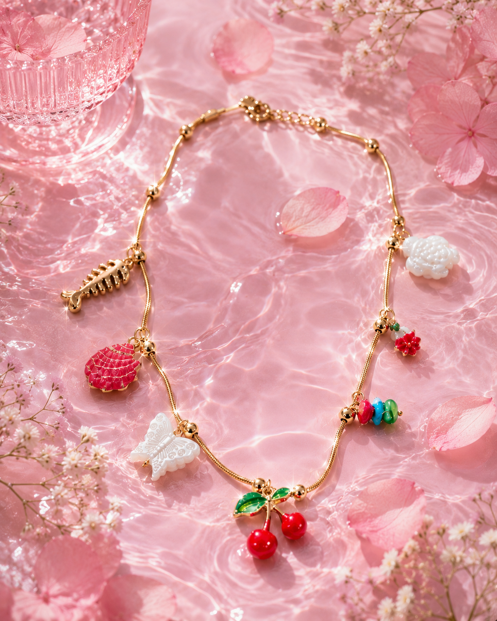 Gold Fruit & Butterfly Multi-Charm Pendant Necklace – Stile Sovrano