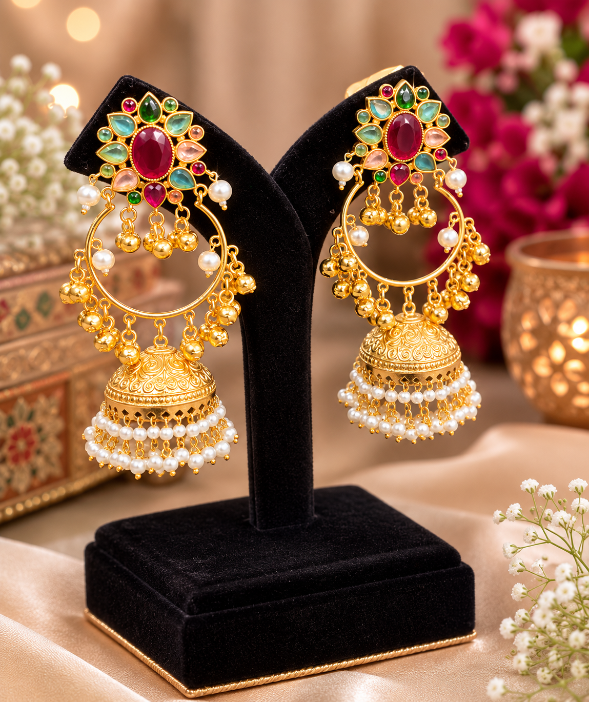 Rajkumari Meherang Viraasat – Pearl Jhumka Hoop Kashmiri Earrings with Multicolor Kundan Stones